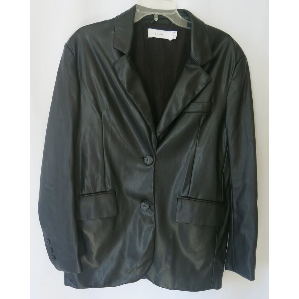 Bershka Faux Leather Pleather Blazer Coat Size S Women Buttons Black Goth Punk